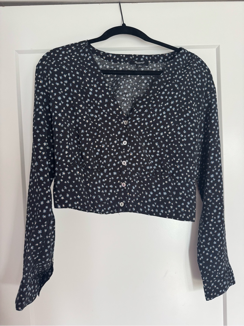 Madewell Black Cropped Button-Front Floral Top